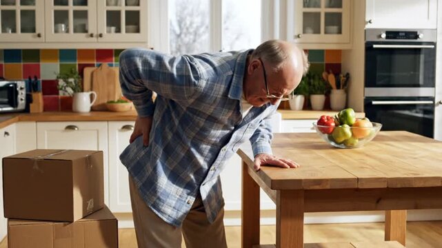 Elderly man experiencing back pain in kitchen generative ai video created by artificial intelligence