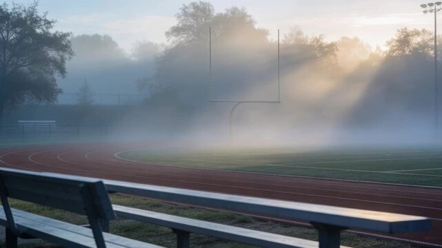 Catching sun, metal bleacher bench reflecting sunbeams while fog lifting over track and goalpost