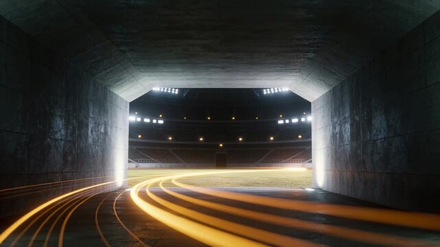 Sweeping orange light trails starting at right through concrete tunnel, revealing floodlit field