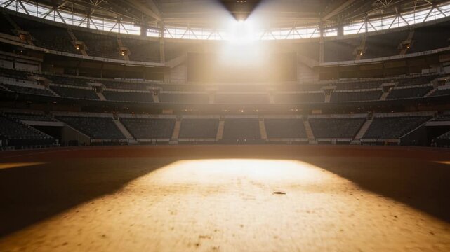 Moving camera revealing central shaft of light widening across dirt field in stadium, showing dust