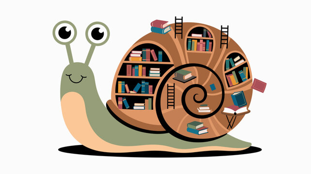 Pastel snail library vector illustration - Suitable for literature blogs, fantasy world-building, or cute animal stickers.