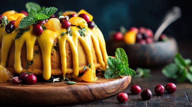 Delicious bundt cake decorated with fruit and mint on wooden board