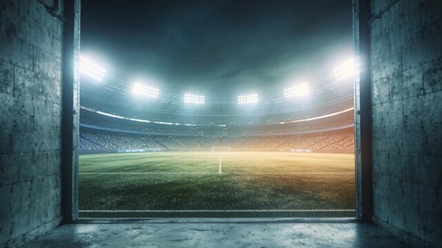 Brightening floodlights lighting tunnel opening at arena, showing grass field and mist for match