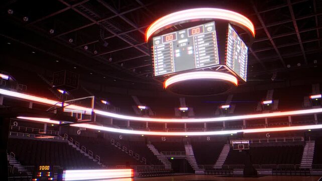 Rotating center-hung scoreboard displaying zeros at arena, as baseline LED starting scrolling ads