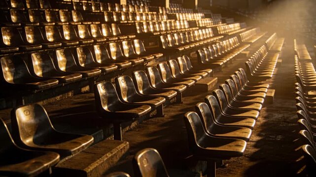 Shifting camera revealing rows of molded seats at arena stands, showing changing light and haze