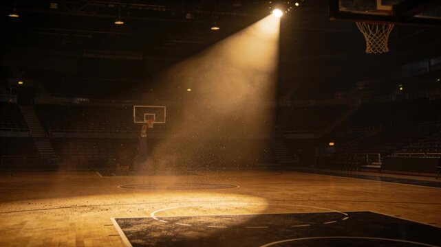 Spotlight activating, illuminating near hoop and three point area in empty arena, revealing dust