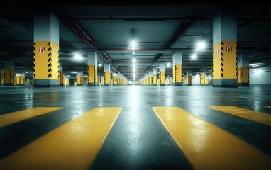 Fototapeta premium Underground Parking Structure Featuring Yellow Columns and Floor Markings Emphasizing Organization and Spaciousness for Commercial Use