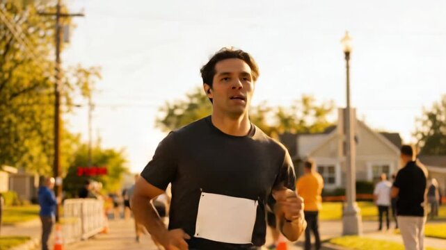 Nearing finish mat, male runner wearing gray top, black shorts sprinting street glancing at clock