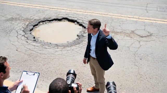 Raising finger, spokesman wearing blazer pointing to show pothole on road, with DSLRs and clipboard