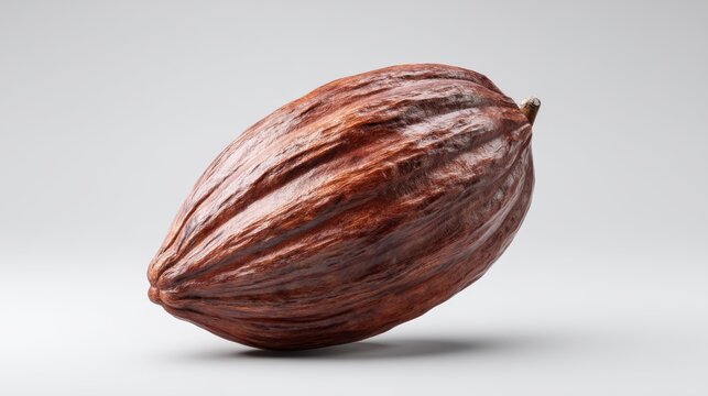 Single Ripe Cocoa Pod on a Neutral Background Displaying Rich Brown Textures and Natural Grooves