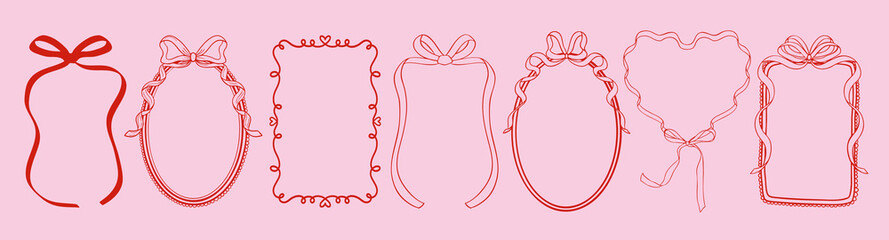 Obraz premium Trendy vintage ribbon frames with heart, wavy lines, and bows. Doodle hand drawn coquette borders for Valentine's day, wedding invitations, birthday card, prints, menu