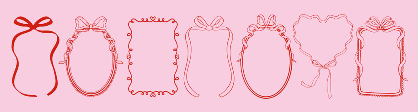 Trendy vintage ribbon frames with heart, wavy lines, and bows.  Doodle hand drawn coquette borders for Valentine's day, wedding invitations, birthday card, prints, menu