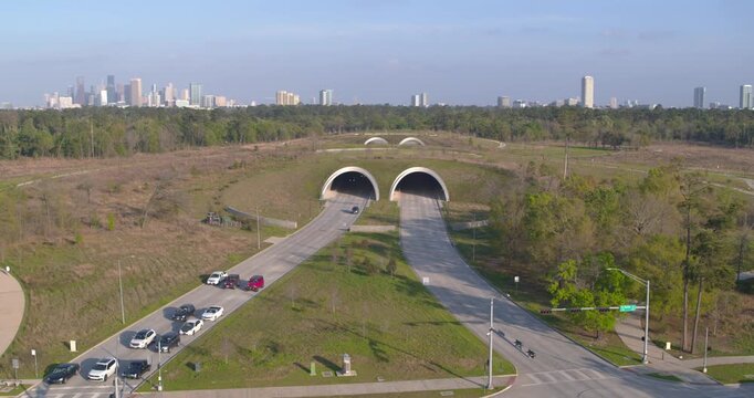 Establishing drone shot of Memorial City park in Houston and surrounding green space