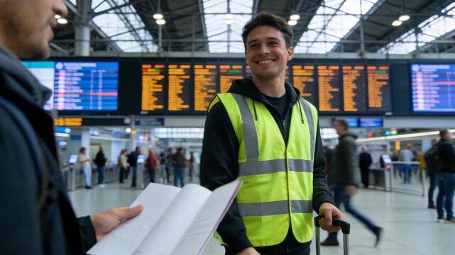 Offering worker in hi-vis vest handing leaflet as traveler reaches, helping at terminal with case