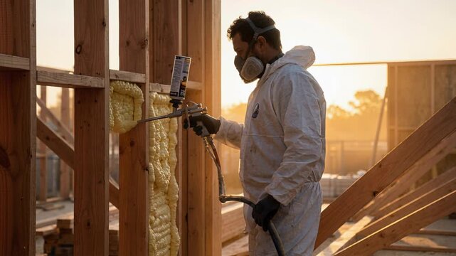 Early day specialist precisely applies foam to wooden framework