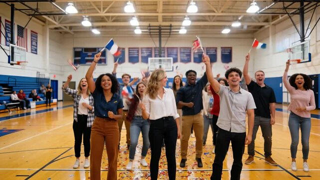 Marching students following trio, waving US and France flags, tossing confetti at gym, celebrating