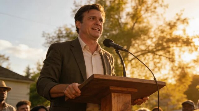 Crowd gathering sparking man in blazer delivering speech in front yard, using podium and microphone