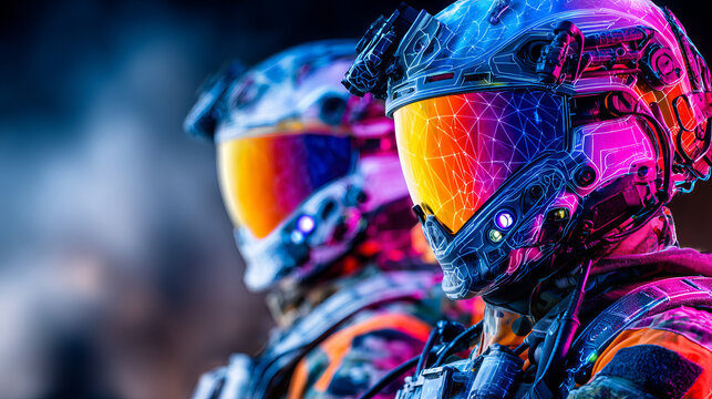 Cyberpunk soldiers in neon helmets with reflective visors futuristic military concept