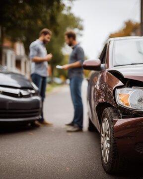 Two Men Discussing Car Accident Damage on City Street, Exchanging Information After Collision