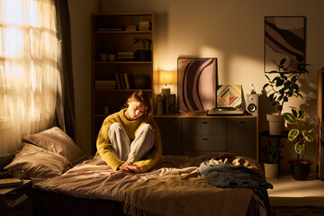 Young woman sitting on bed hugging knees, looking down with thoughtful expression in cozy bedroom with sunlight streaming through window, surrounded by books and plants © Mediaphotos