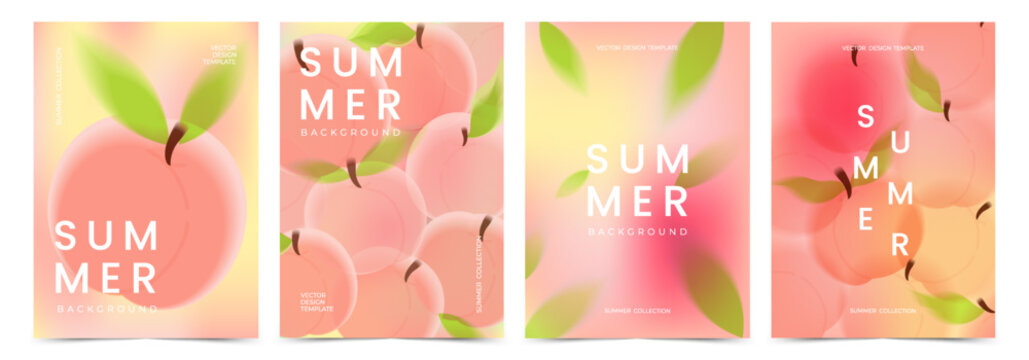 Summer peach background with soft blur effect. Minimalist modern fruit design. Banner template for social media, poster, flyer, cover with abstract gradient and fresh juicy peach vector illustration