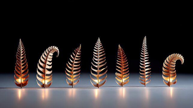 Glowing golden fern-shaped lamps arranged in a row on a reflective surface