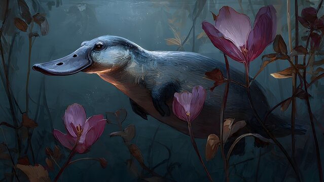 Majestic Platypus Swimming Underwater Amidst Delicate Flowers