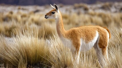 Fototapeta premium Guanaco Standing in Dry Grassland, Andes Mountains, South America