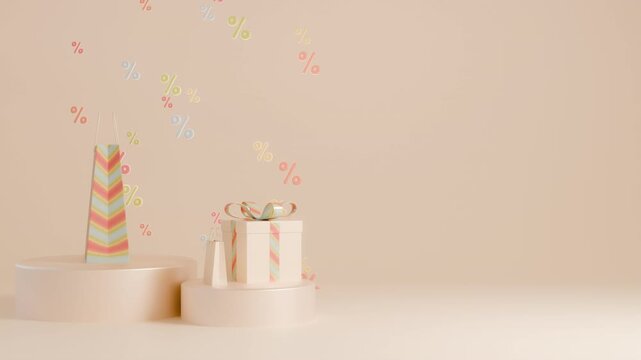 Horizontal 3D shopping bag gift box sale discount percent, banner template mockup poster flyer copyspace loop animation, spring easter summer podium showcase display ribbon, retail marketing campaign