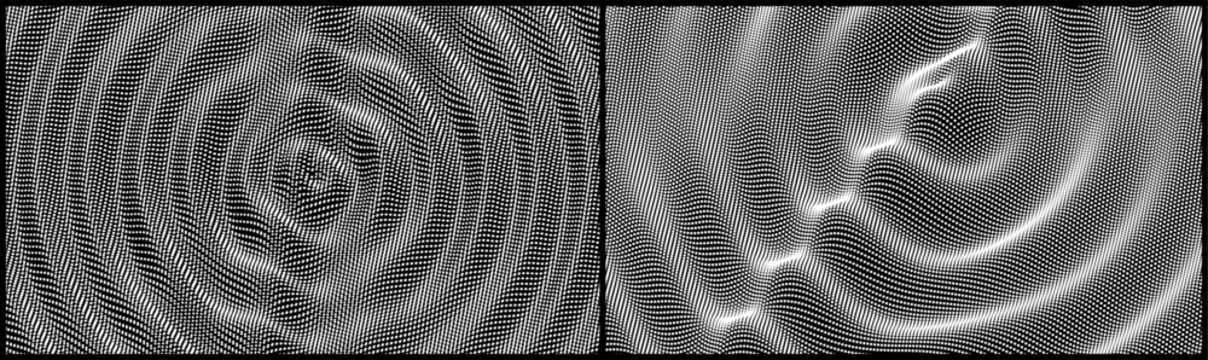 Abstract wavy background. Ripple effect. Grid surface. Wrinkled surface texture. Sound visualization. Black and white. 3D illustration for brochure, poster, cover, card, presentation, flyer or banner.