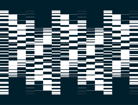 Black and white image of many rectangular flat shapes and lines of different thicknesses with transition and displacement effect. Equalizer audio signal frequencies. Visual texture of music. Vector.