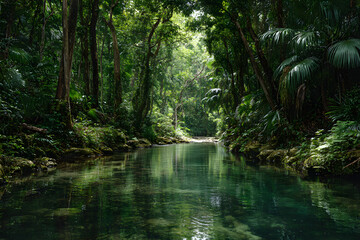 Obraz premium A serene and tranquil river flowing through a dense and vibrant tropical rainforest with lush greenery and tall trees on both sides of the riverbank