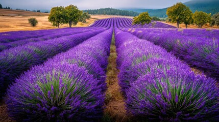 Obraz premium Vibrant Lavender Field in Full Bloom Under a Sunny Sky, Aromatic Flowers, Scenic Landscape