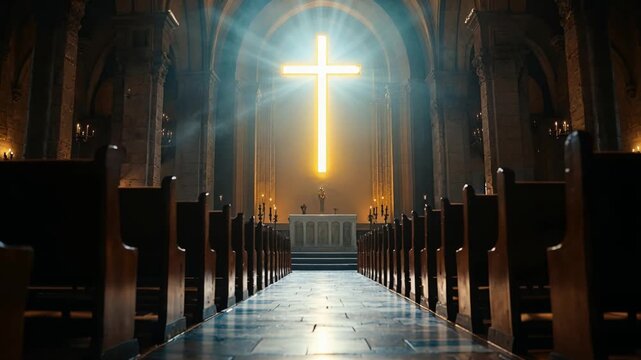 Holy church setting featuring illuminated cross and radiant lighting effects
