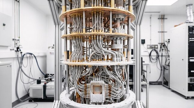 Exposed dilution refrigerator core of a quantum computer reveals cascading tiers of frosted metallic plates and silver wiring reaching absolute zero.