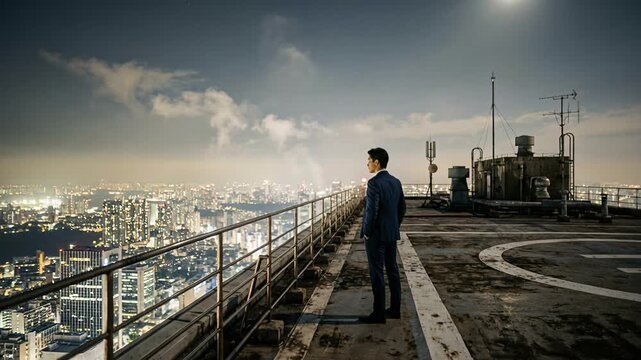 Welldressed individual takes in glowing metropolis from high rooftop during dusk