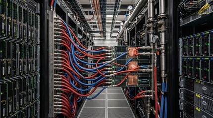 Hyperscale data center aisle featuring direct-to-chip liquid cooling shows complex networks of red and blue braided hoses on massive heatsinks.