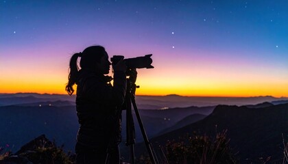 Fototapeta premium Silhouette of a photographer capturing sunset over mountainous landscape