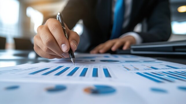 Close up of a skilled business professional's hand holding a pen, meticulously analyzing financial data, important charts, and graphs spread across the desk during a critical planning session.