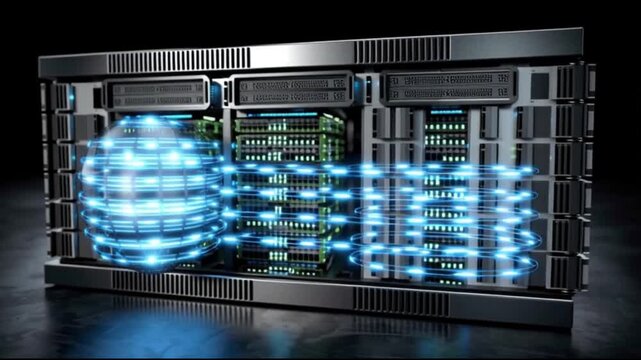 GPU Cloud Infrastructure. AI chip architecture. Data center corridor. GPU chip circuit lines. Hyperscale GPU clusters. Futuristic server rack with glowing digital holographic globe projection