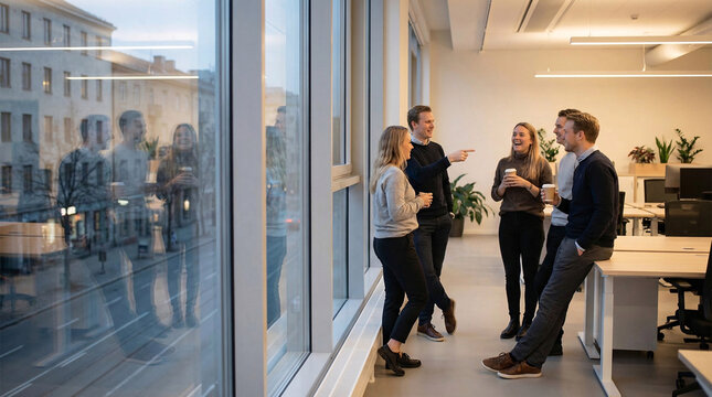 Five colleagues engaging in a casual conversation during a break in a modern, brightly lit office space with large windows.