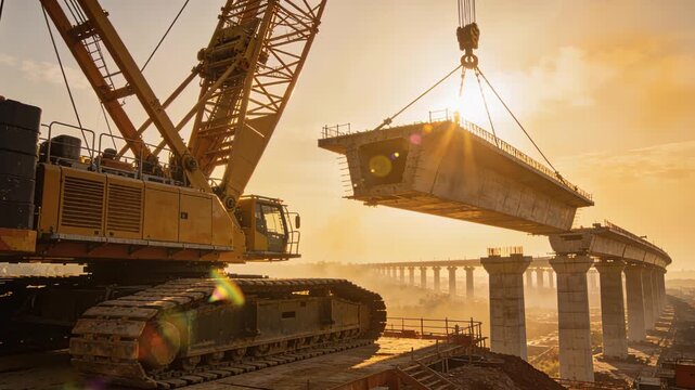 Crane expertly hoists and aligns bridge segment over pillars