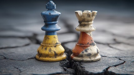 Fototapeta premium Chess Pieces Symbolizing Conflict and Strategy on Cracked Earth, Representing Global Tensions and Political Challenges