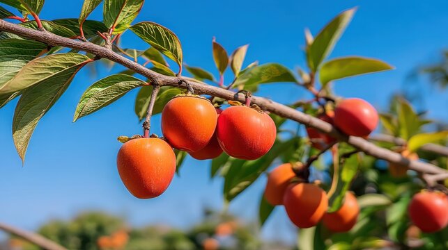 Ripe Persimmons on a Branch Against a Blue Sky: A Vibrant Autumnal Harvest
