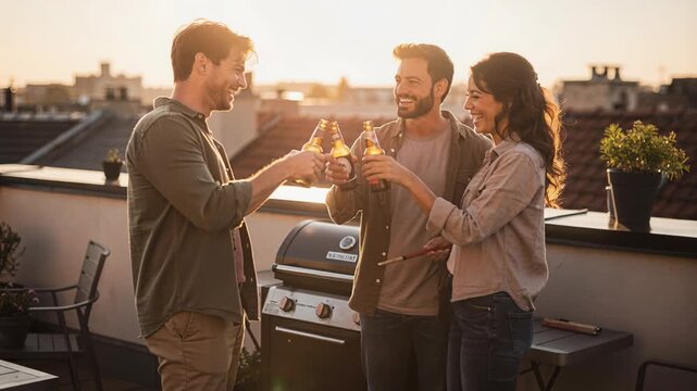 Sunset illuminates terrace as coworkers cheer and enjoy evening together