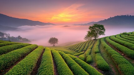 Fototapeta premium Sunrise Over Lush Tea Plantation, Rolling Hills and Morning Mist, Scenic Landscape