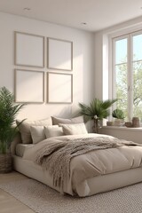 Fototapeta premium Cozy Bedroom Interior with Neutral Tones, Natural Light, Artwork Mockups, and Green Plants for a Relaxing Atmosphere