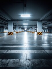 Fototapeta premium Underground Parking Garage with Empty Spaces and Striped Barriers, Illuminated by Fluorescent Lights, Creating an Industrial Look