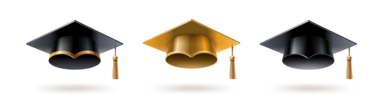 Set of realistic 3D graduation caps. Black and gold academic mortarboards with golden tassels isolated on white background. Vector illustration.