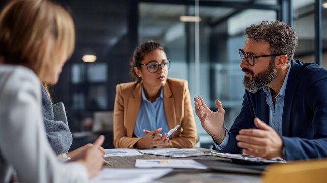 Serious business professionals engage in an intense discussion around the conference table while reviewing important documents during a crucial corporate meeting.